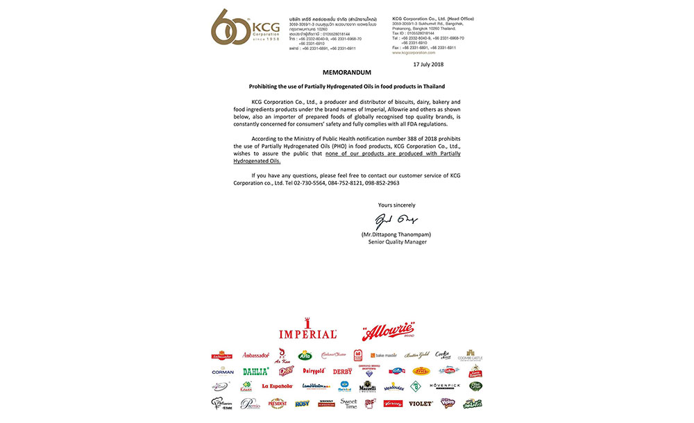 MEMORANDUM Prohibiting the use of Partially Hydrogenated Oils in food products in Thailand